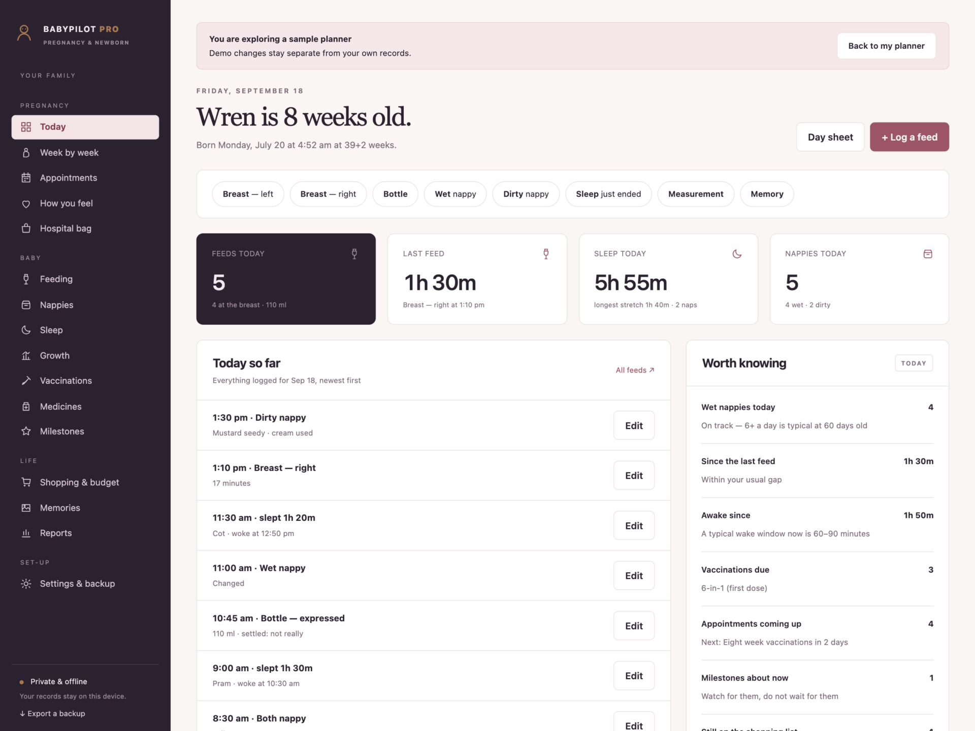 BabyPilot Pro - a screen from the app