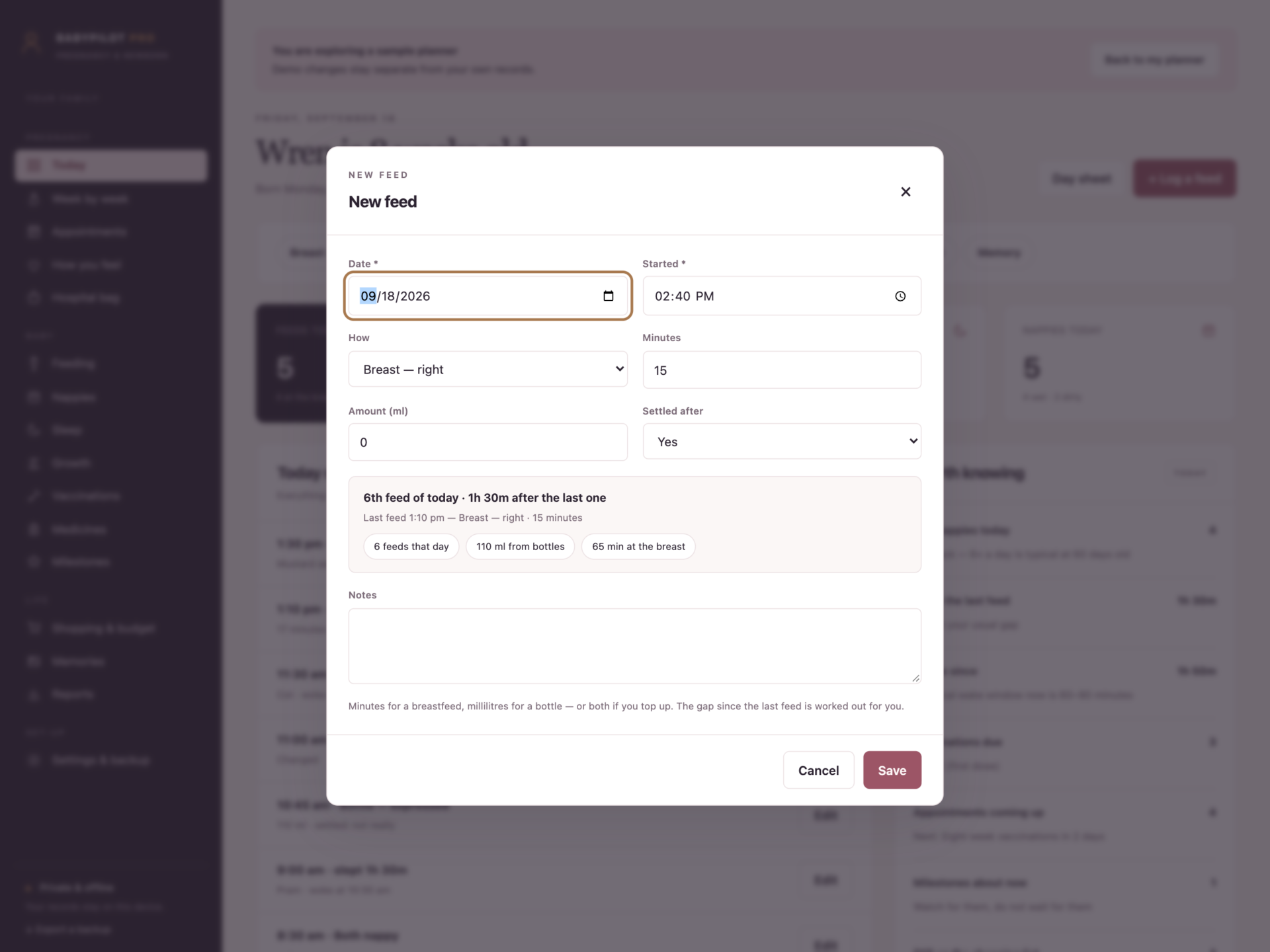 BabyPilot Pro - a screen from the app