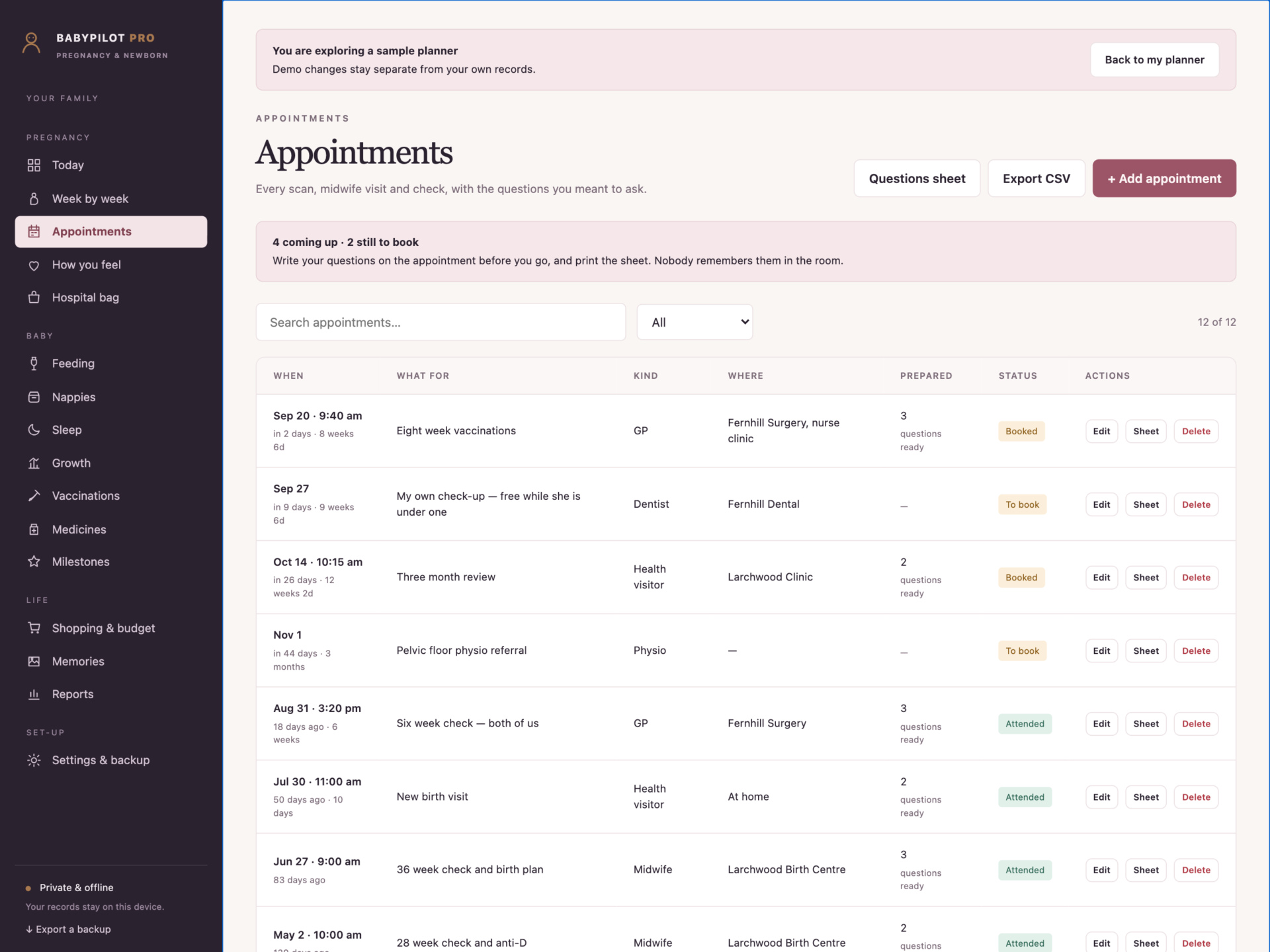 BabyPilot Pro - a screen from the app