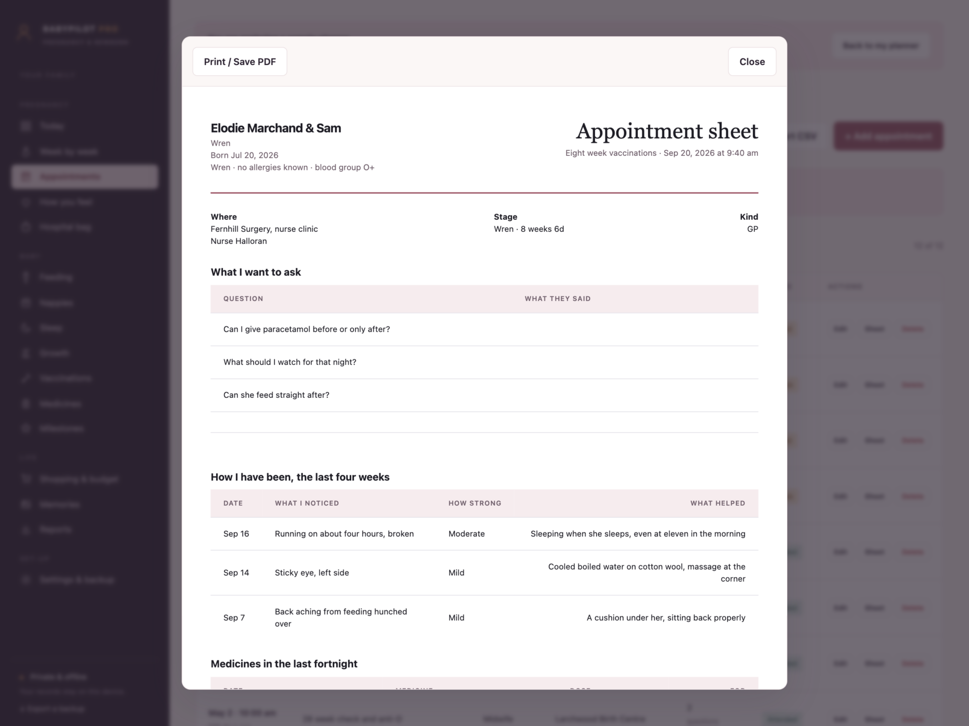 BabyPilot Pro - a screen from the app