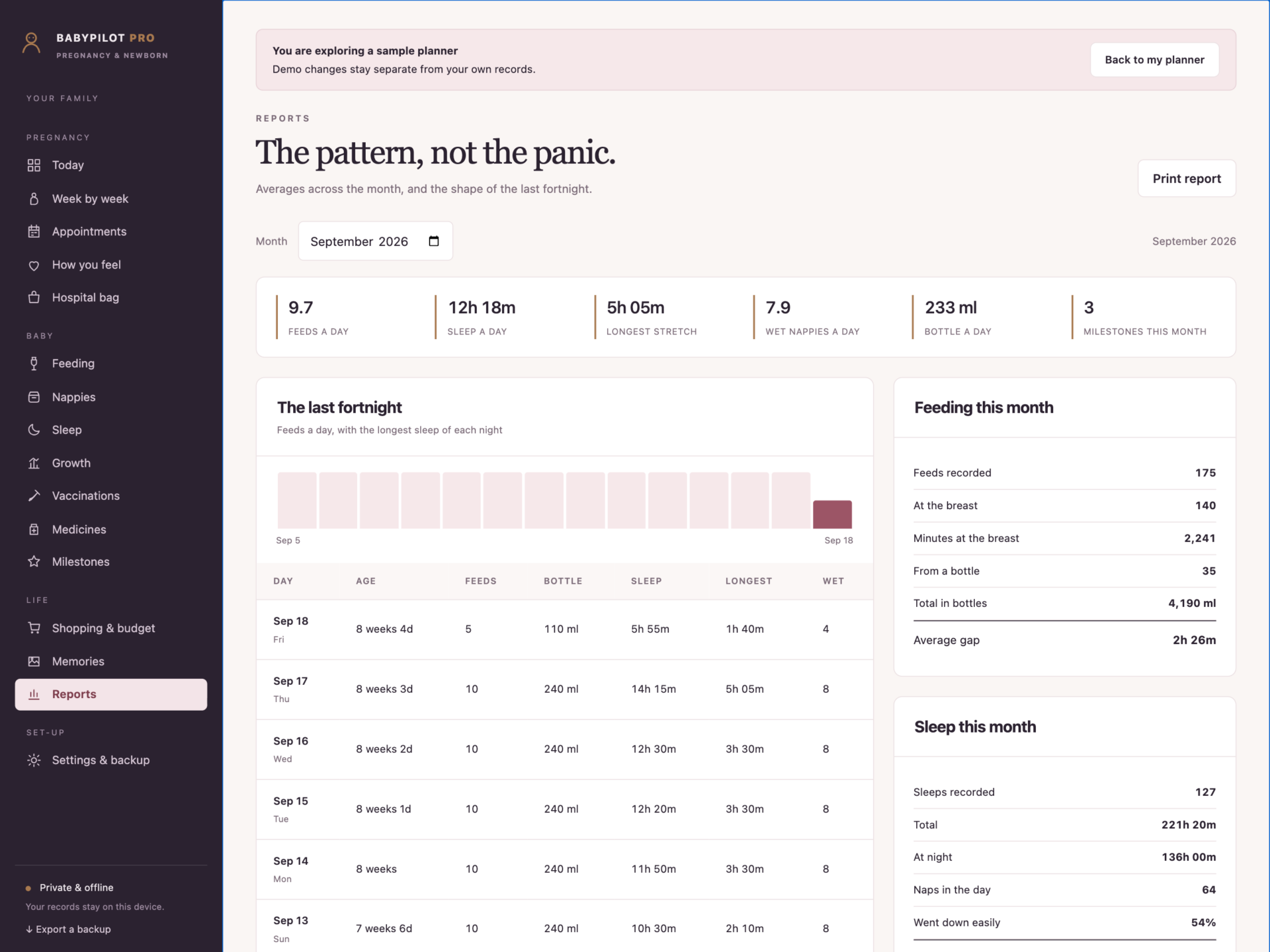 BabyPilot Pro - a screen from the app