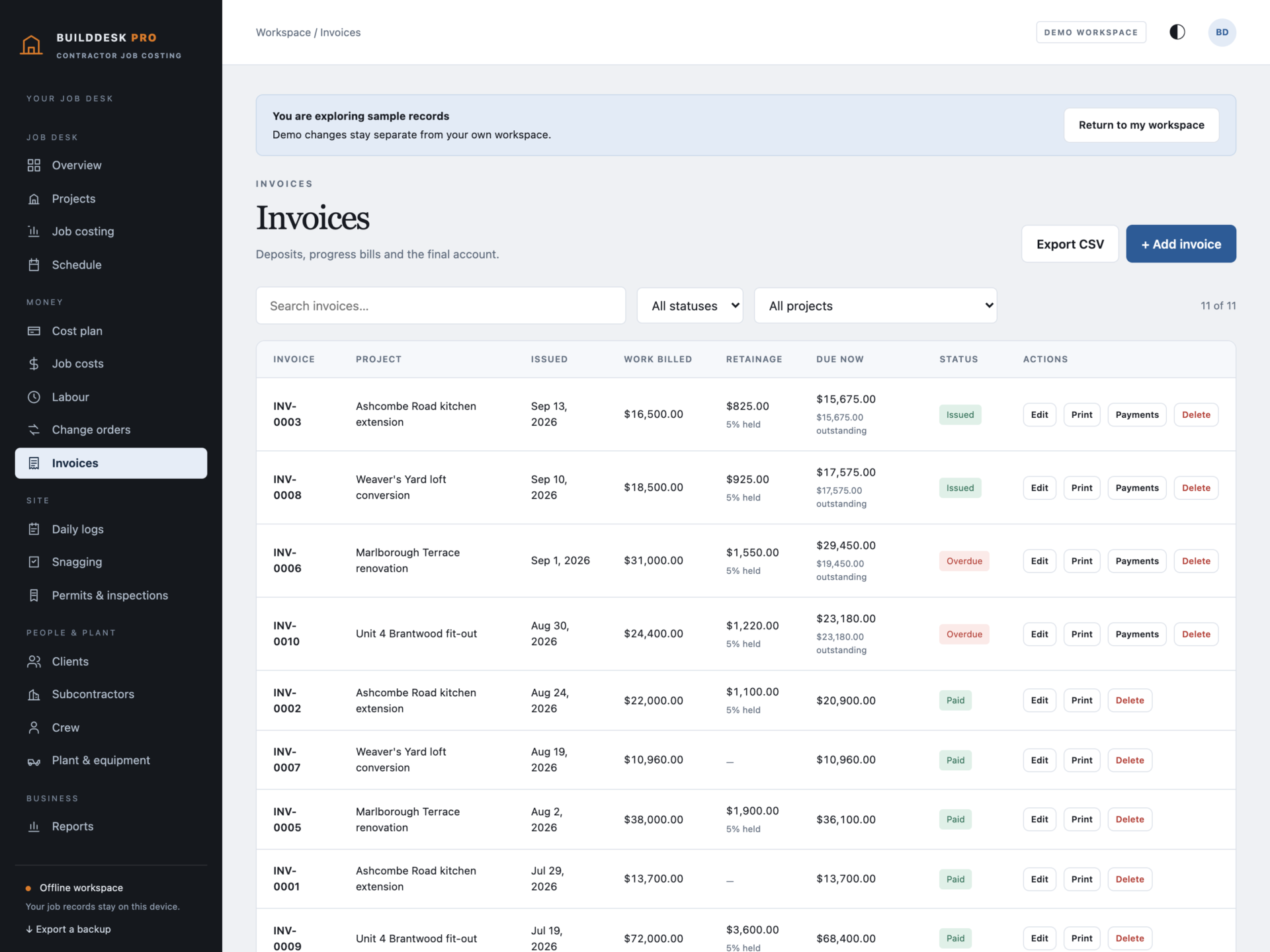 BuildDesk Pro - a screen from the app
