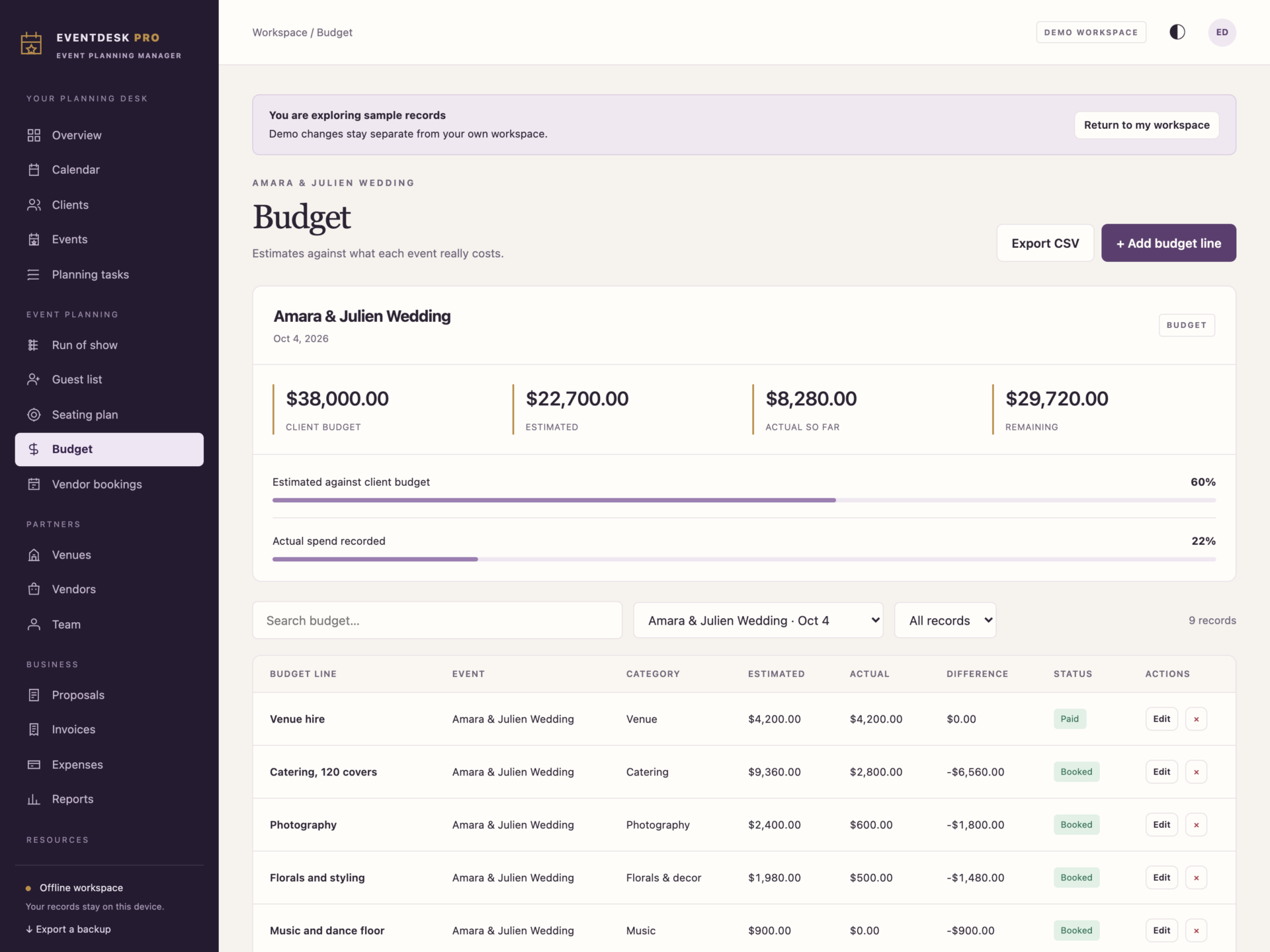 EventDesk Pro - a screen from the app