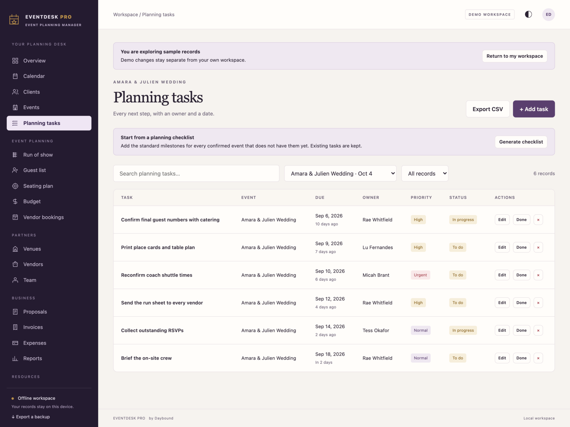 EventDesk Pro - a screen from the app