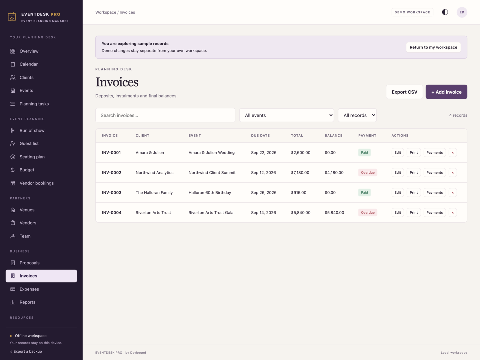EventDesk Pro - a screen from the app