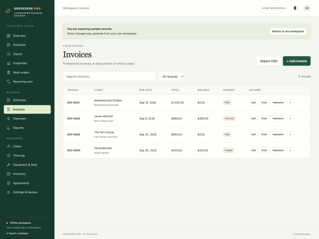 GroveDesk Pro - a screen from the app