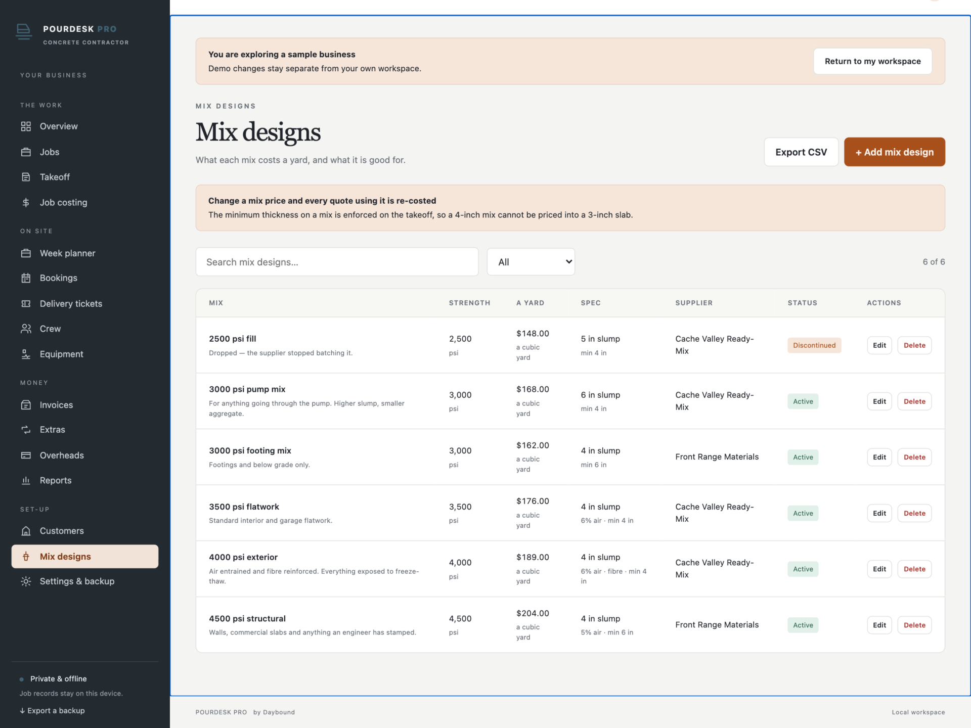 PourDesk Pro - a screen from the app