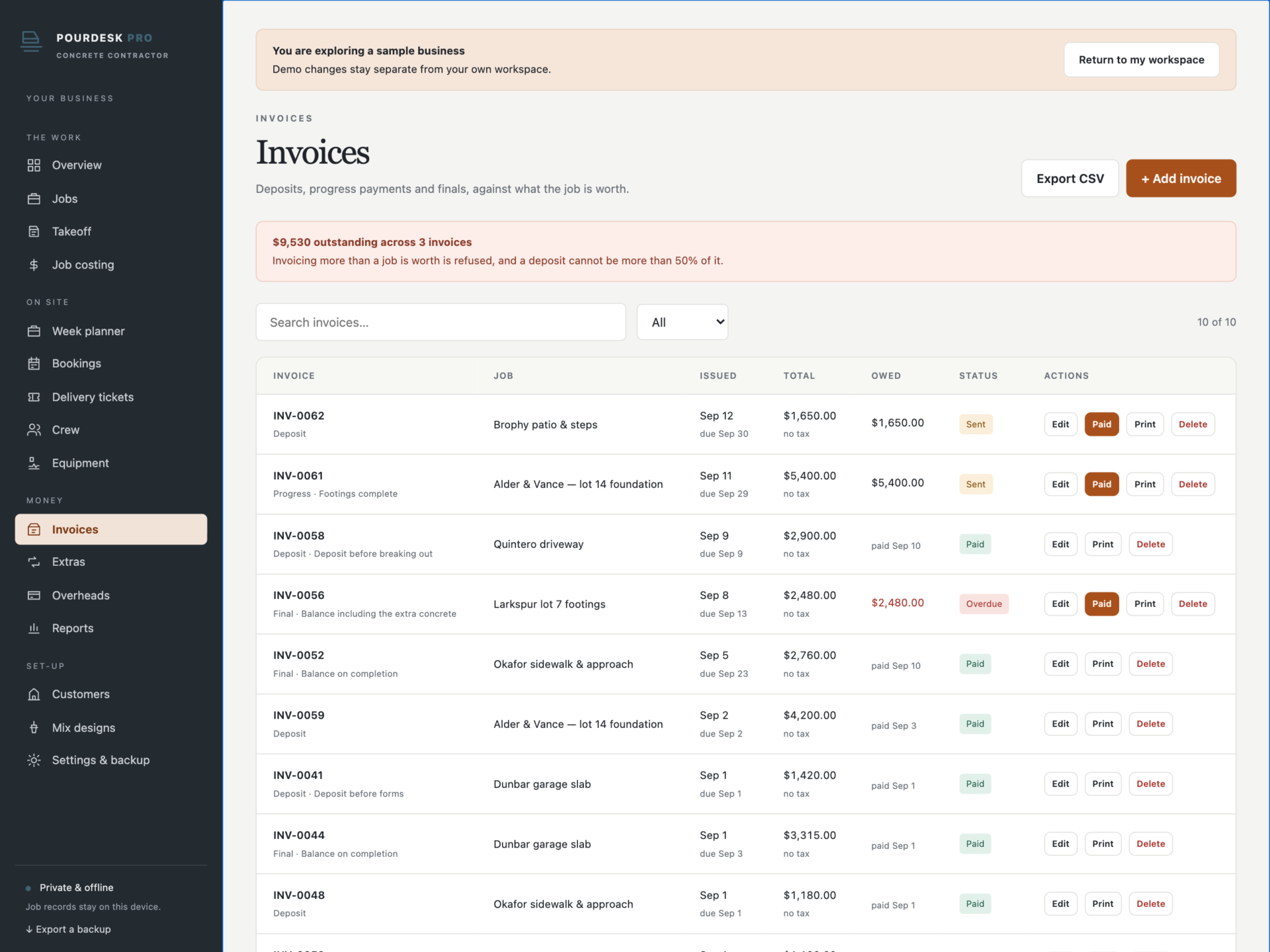 PourDesk Pro - a screen from the app