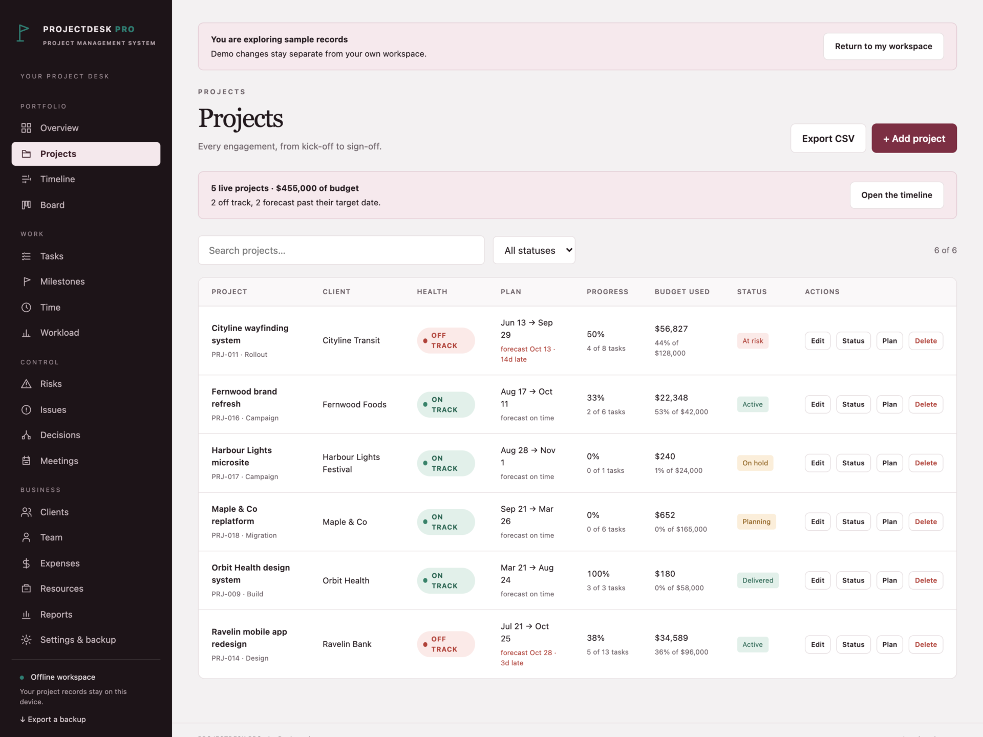 ProjectDesk Pro - a screen from the app
