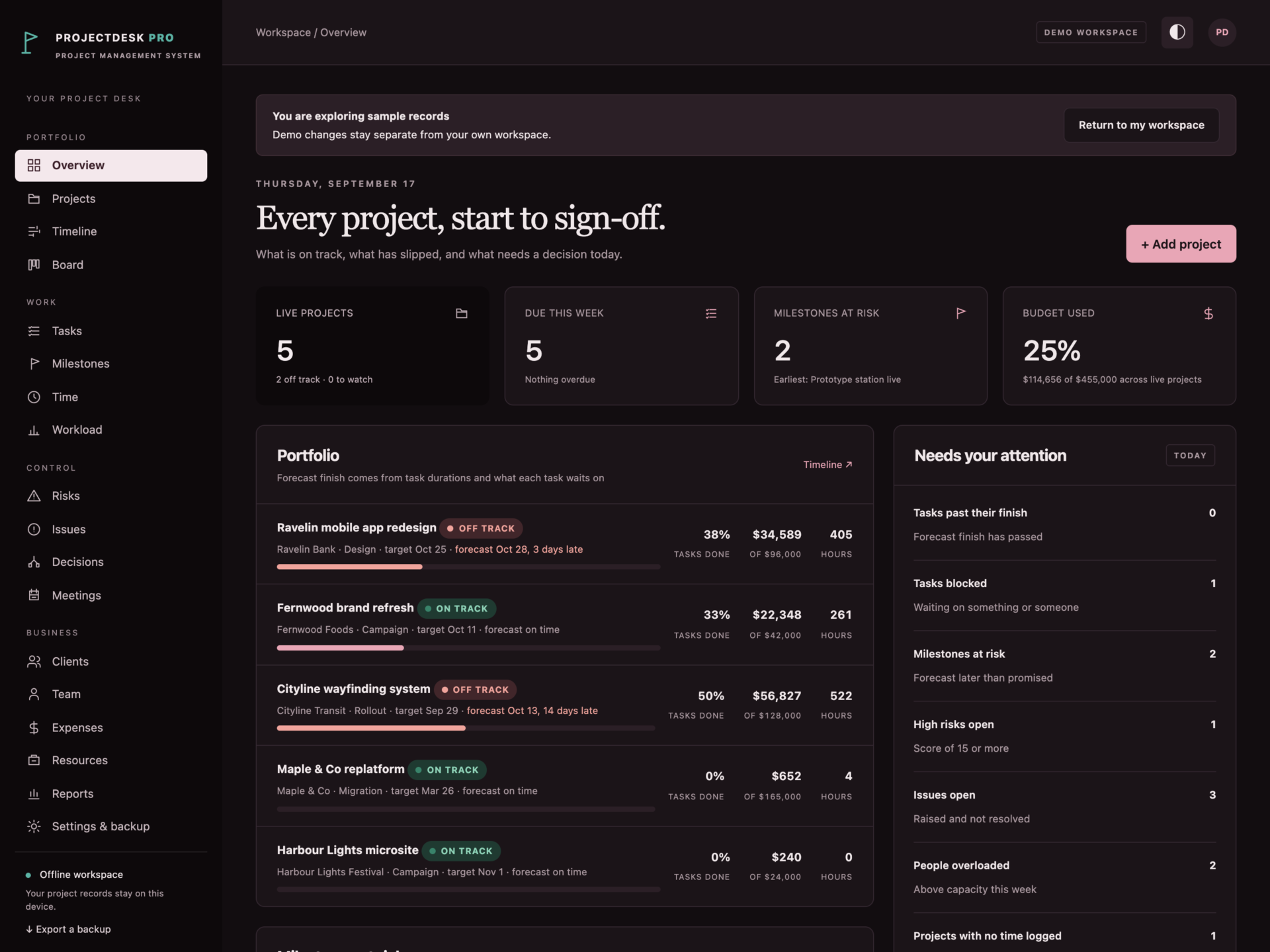 ProjectDesk Pro - a screen from the app