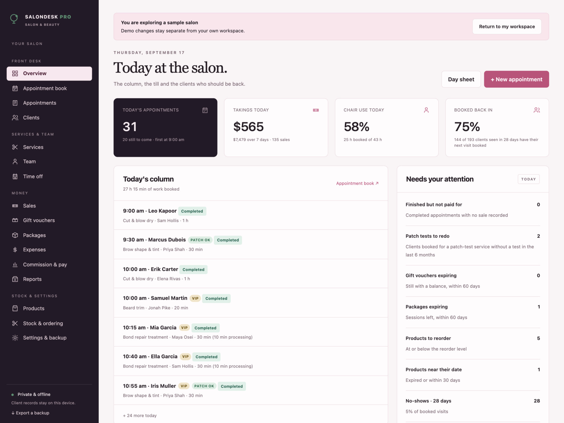 SalonDesk Pro - a screen from the app