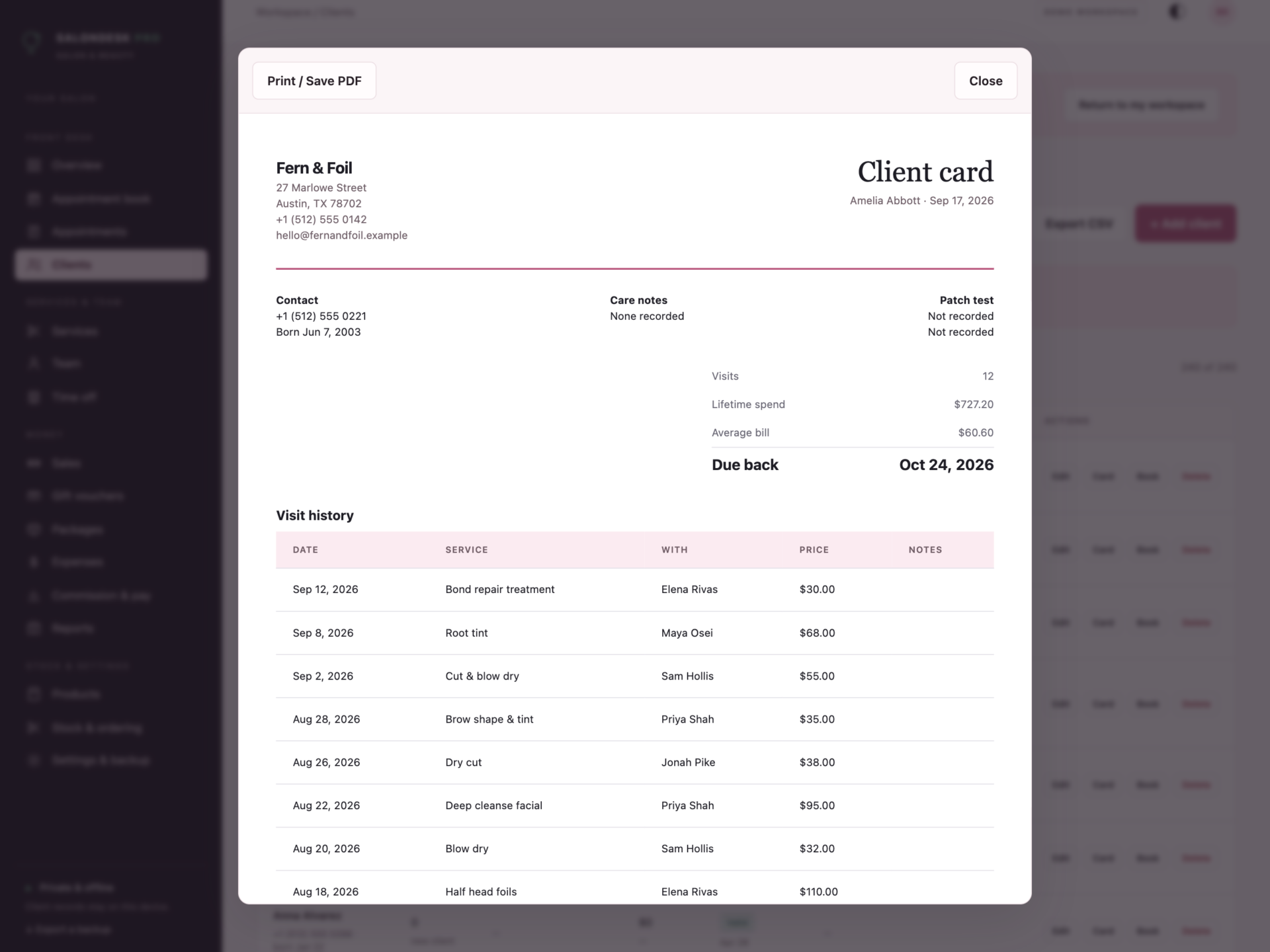 SalonDesk Pro - a screen from the app