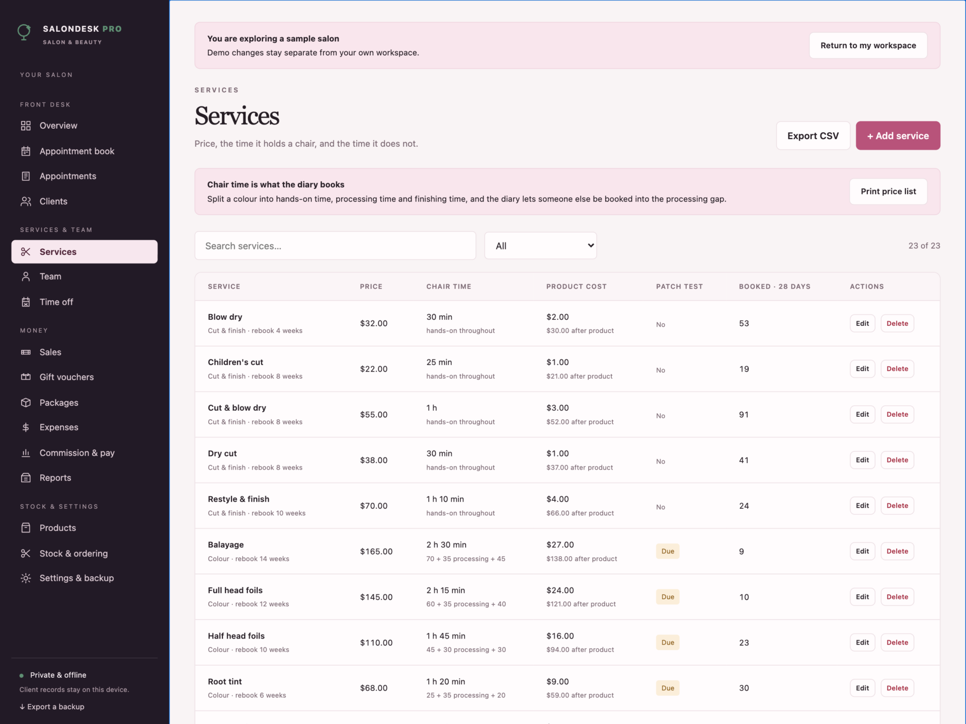 SalonDesk Pro - a screen from the app
