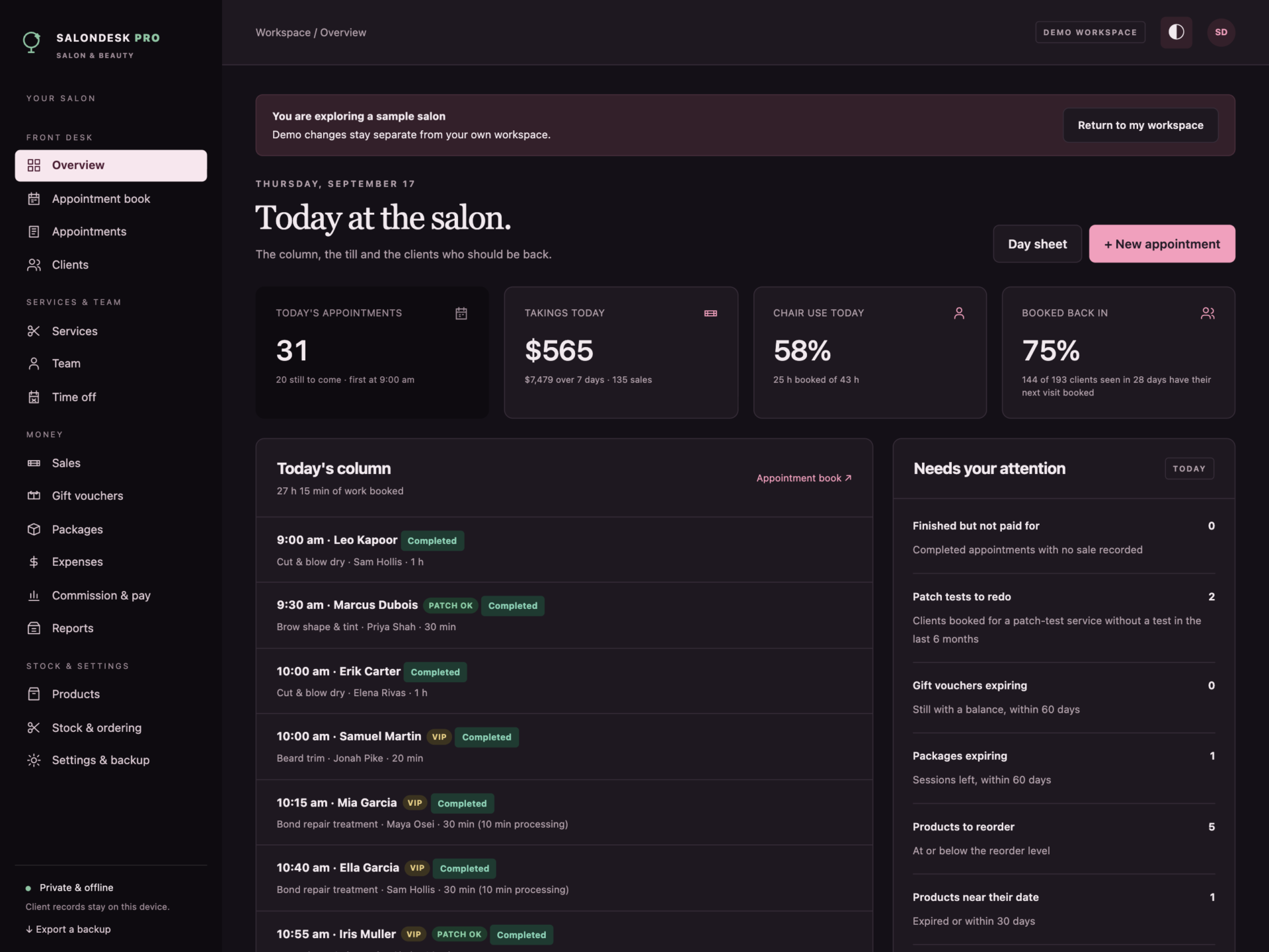 SalonDesk Pro - a screen from the app