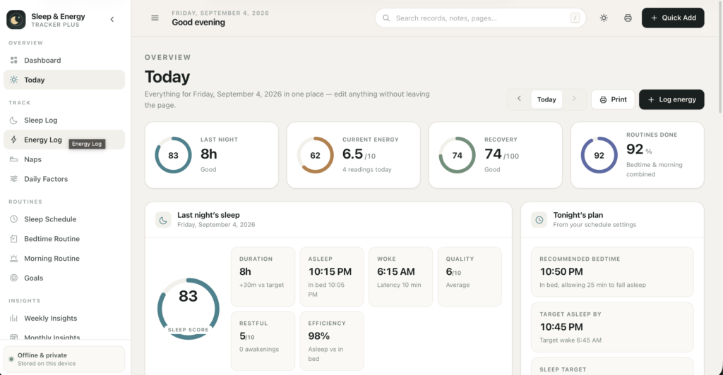 Sleep & Energy Tracker Plus — a screen from the app