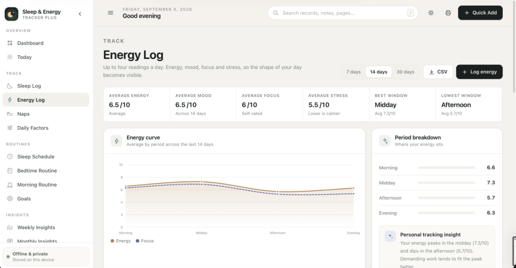 Sleep & Energy Tracker Plus — a screen from the app