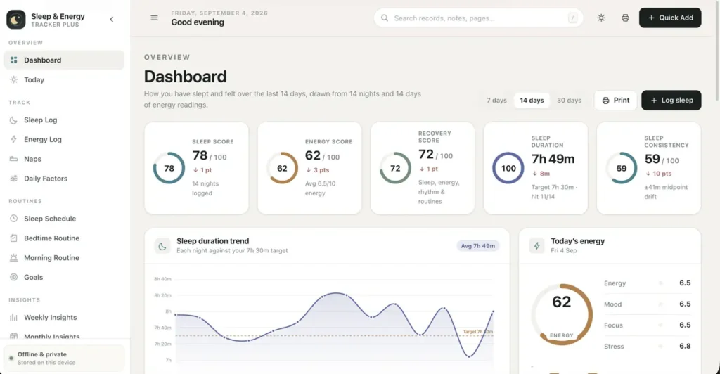 Sleep & Energy Tracker Plus — a screen from the app