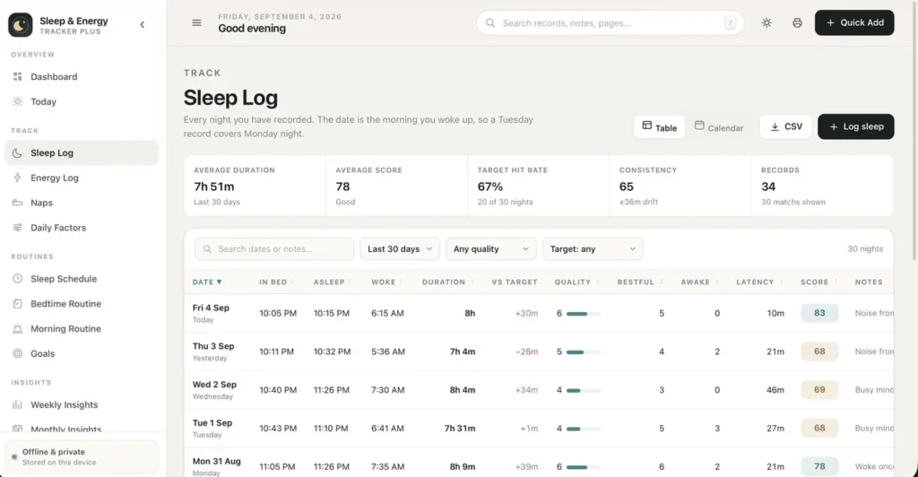 Sleep & Energy Tracker Plus — a screen from the app