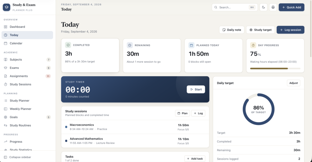 Study & Exam Planner Plus — a screen from the app
