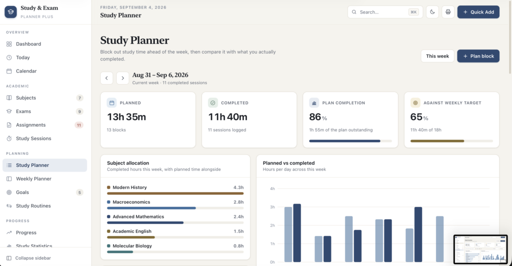 Study & Exam Planner Plus — a screen from the app