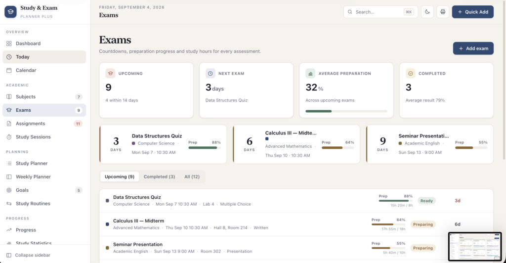 Study & Exam Planner Plus — a screen from the app