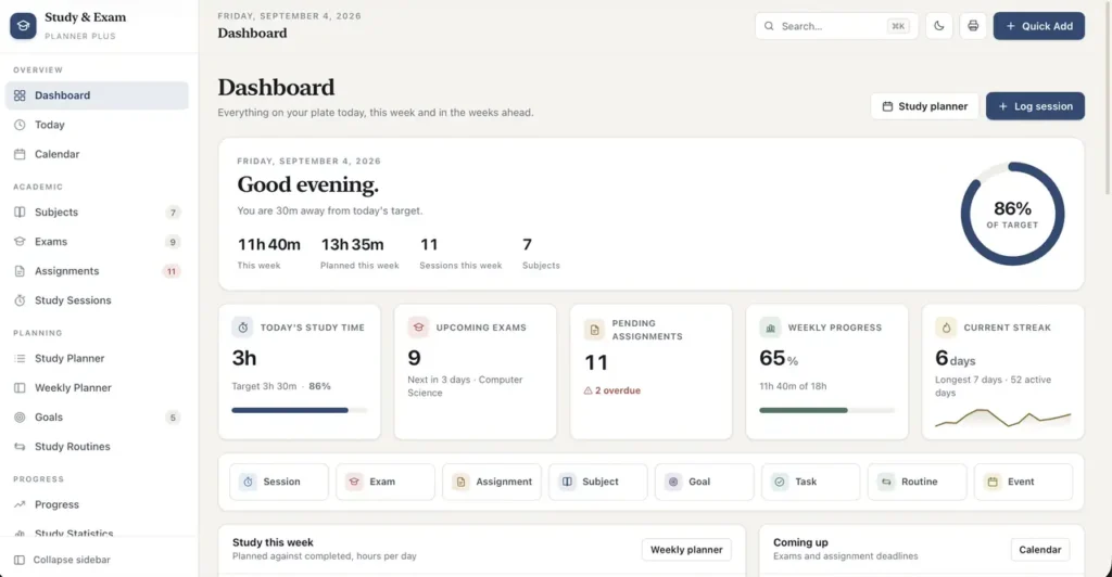 Study & Exam Planner Plus — a screen from the app