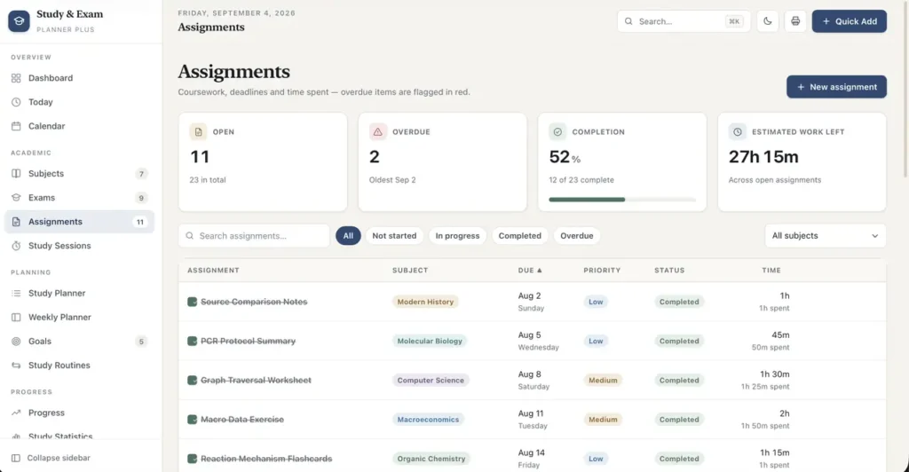 Study & Exam Planner Plus — a screen from the app