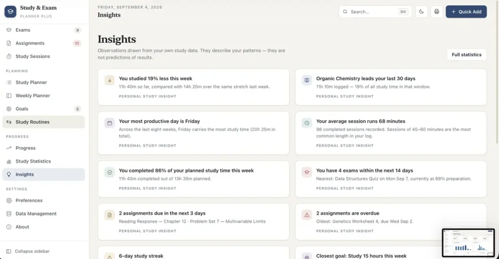 Study & Exam Planner Plus — a screen from the app