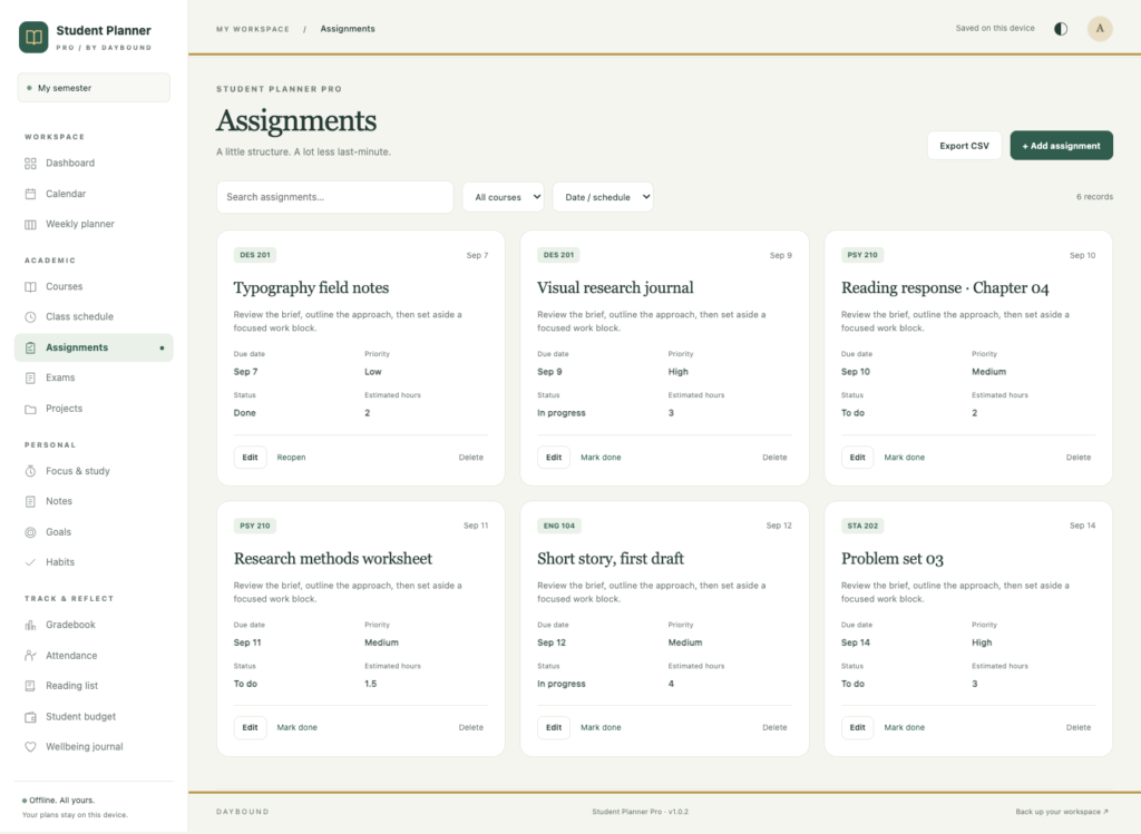 Student Planner Pro - a screen from the app