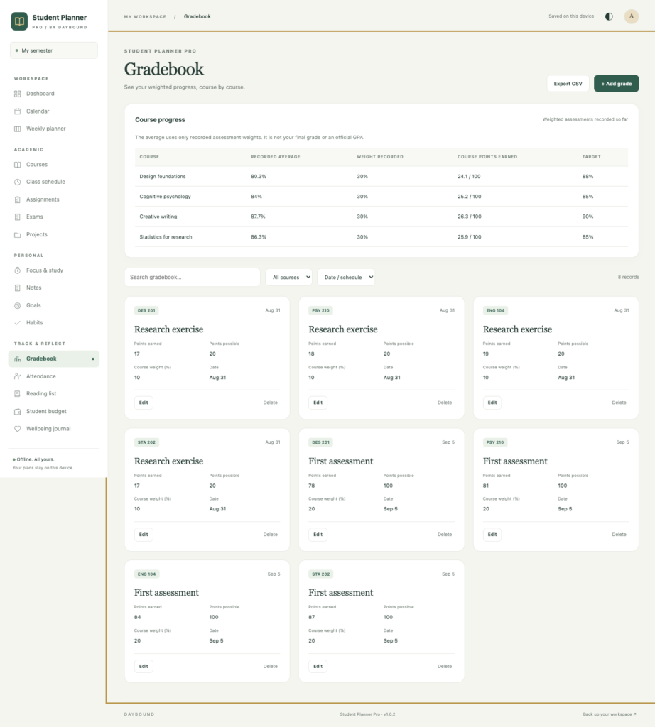 Student Planner Pro - a screen from the app